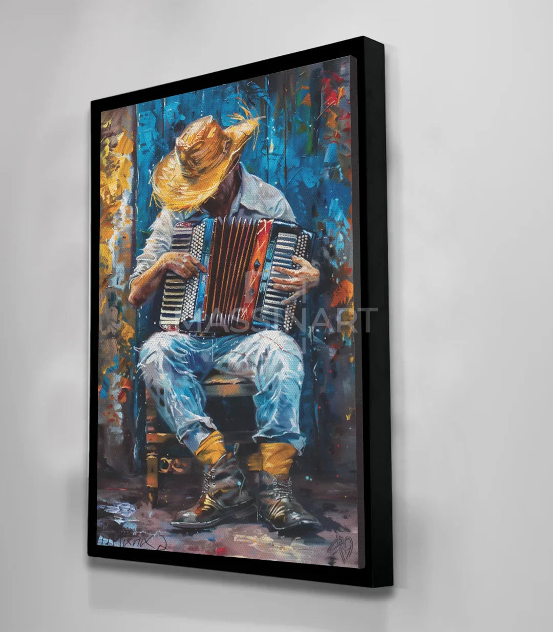 Cuadro Accordionist colores azul y ocre — arte mural Massinart