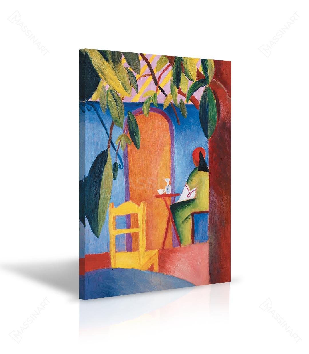 Detalle de Café Turco II de August Macke — lienzo con colores vivos azul, rojo y amarillo