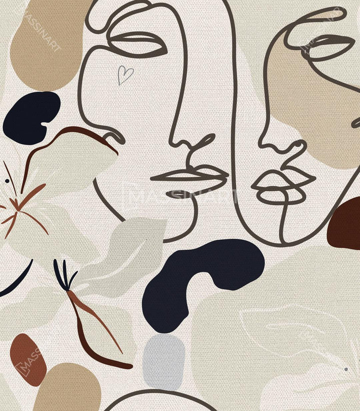 Detalle panel derecho — rostros entrelazados con flores estilizadas en paleta neutra — Massinart