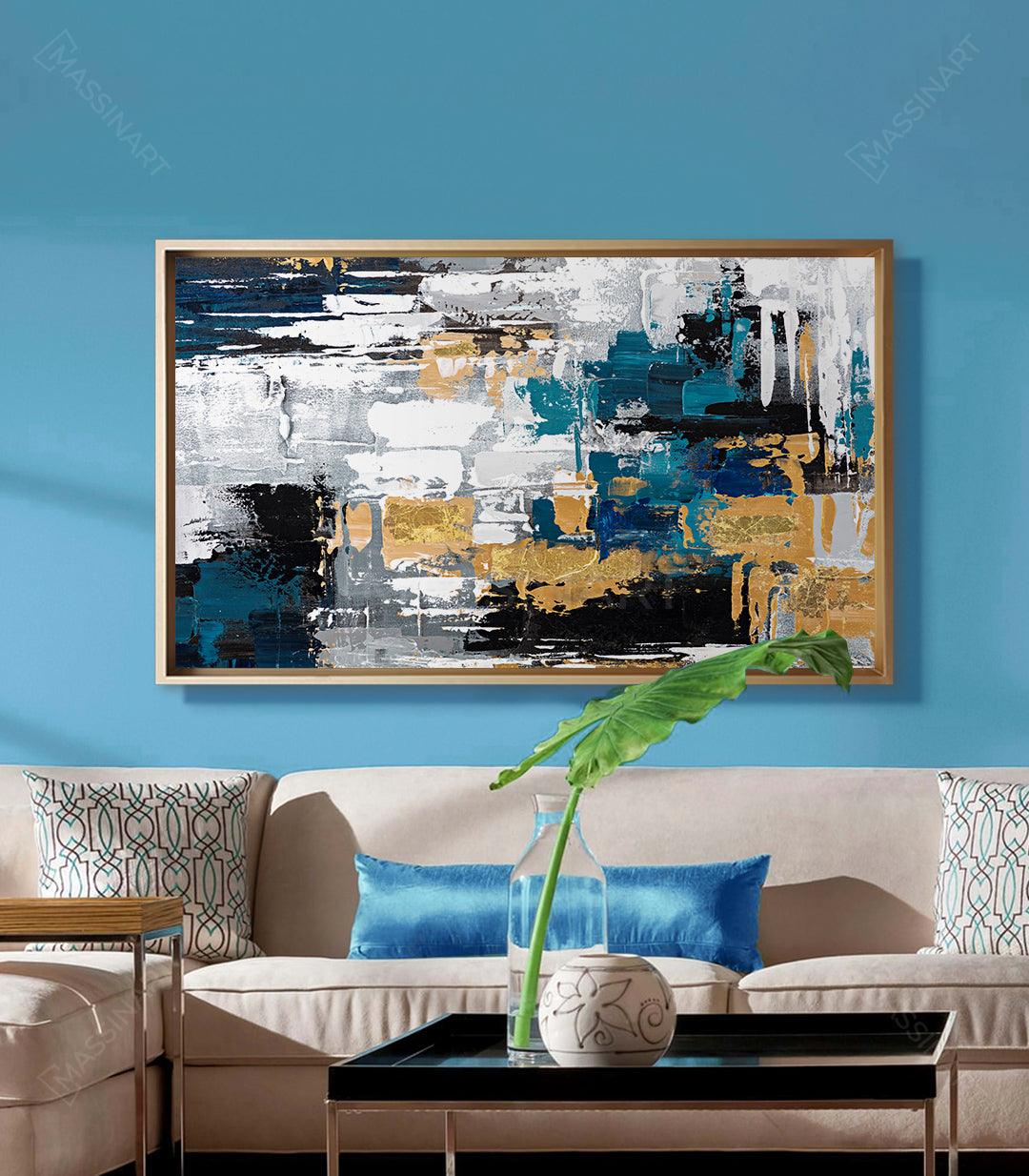 Cuadro abstracto horizontal azul dorado blanco estilo expresionista — Massinart