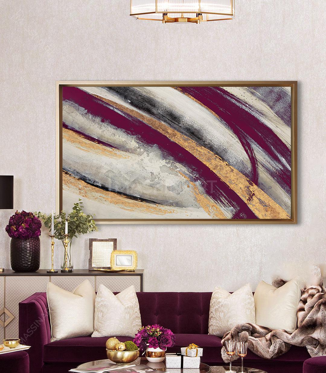 Cuadro abstracto Gilded Massinart — trazos horizontales en burdeos, dorado y blanco roto