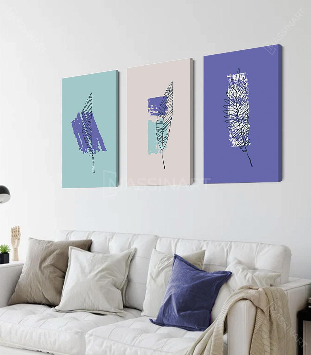 Cuadro hoja minimalista sobre fondo turquesa con trazo violeta, estilo line art, decoración de pared moderna