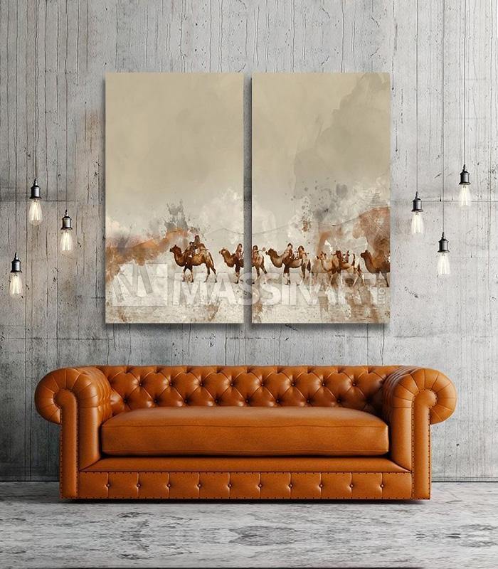 Cuadro caravana de camellos desierto acuarela tonos beige y marrón cálido Massinart