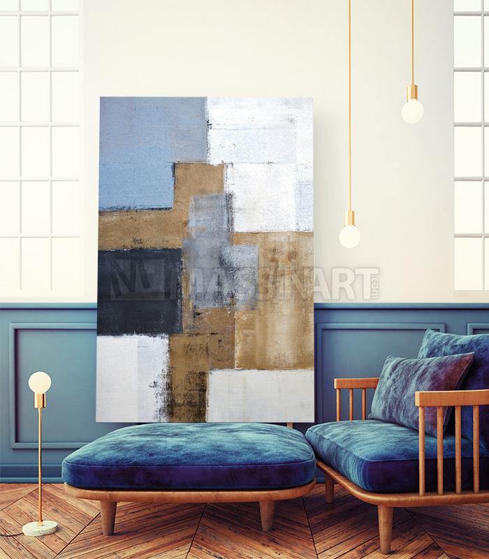 Cuadro Levels abstracto geométrico con bloques en azul, beige y blanco — arte contemporáneo Massinart