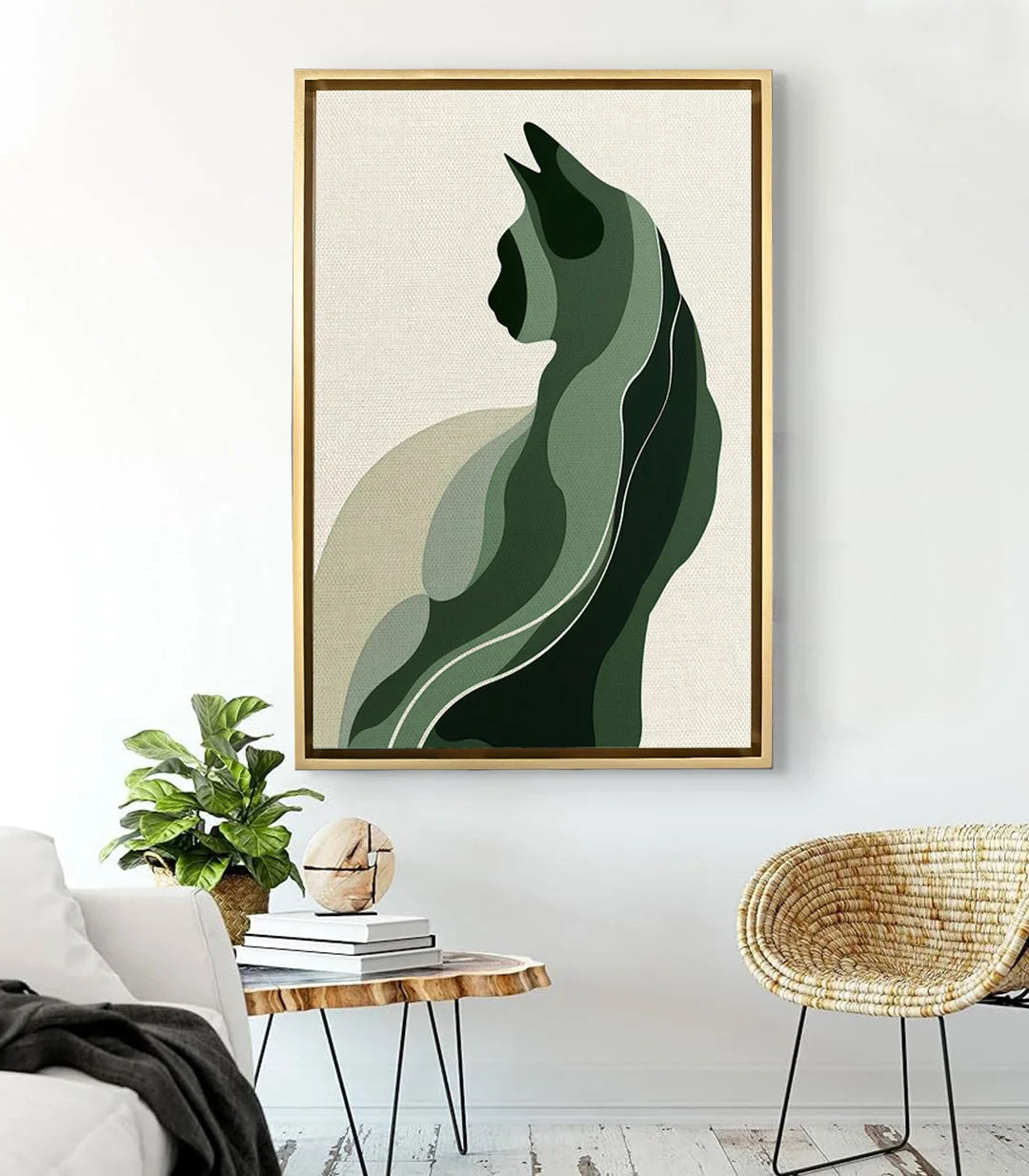 The Verdant Cat en salón moderno — cuadro decorativo contemporáneo estilo minimalista