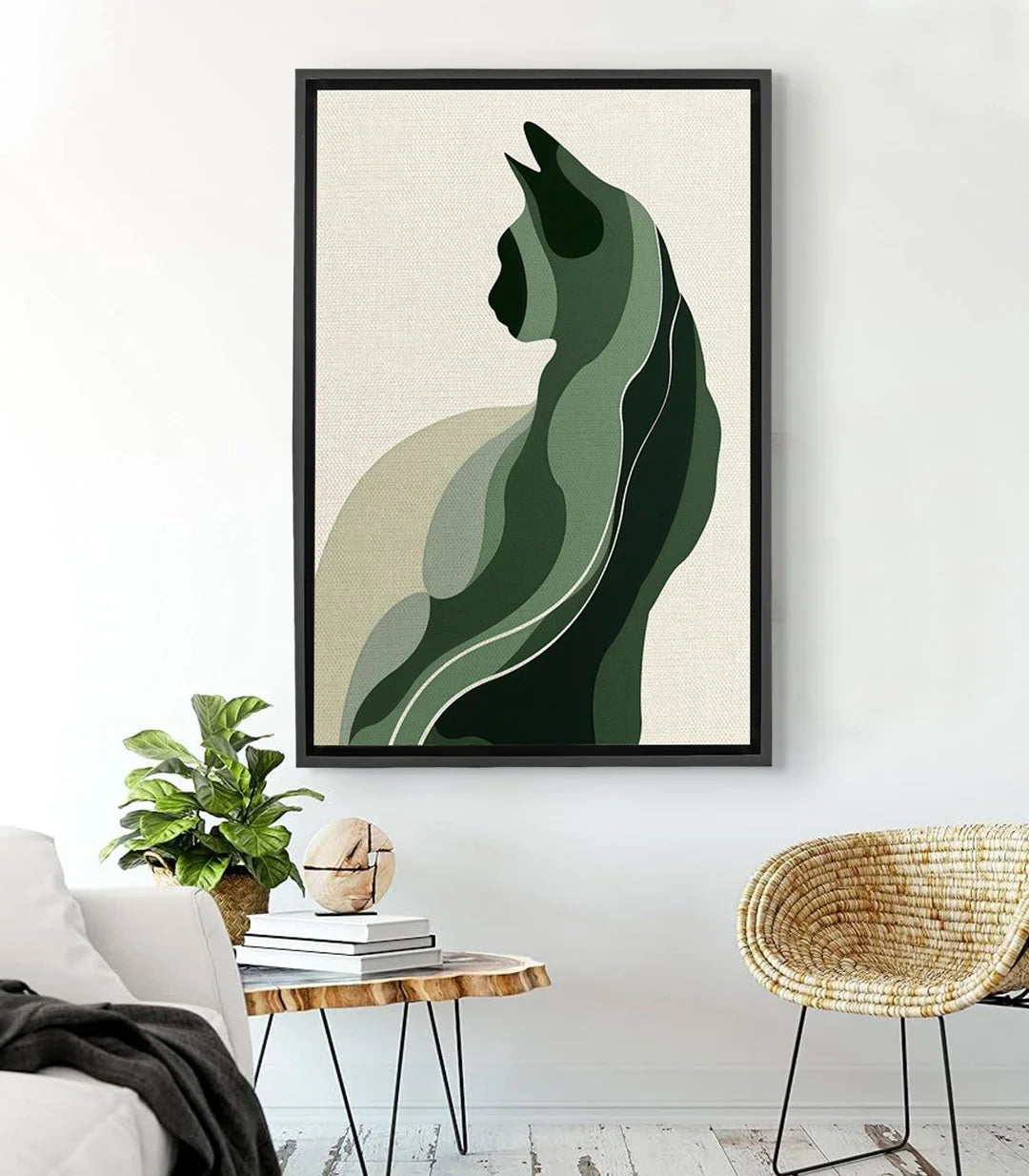 Cuadro gato abstracto The Verdant Cat — silueta felina verde sobre fondo beige minimalista