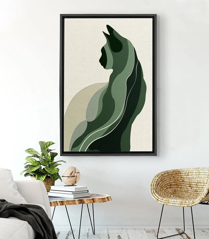 Cuadro gato abstracto The Verdant Cat — silueta felina verde sobre fondo beige minimalista