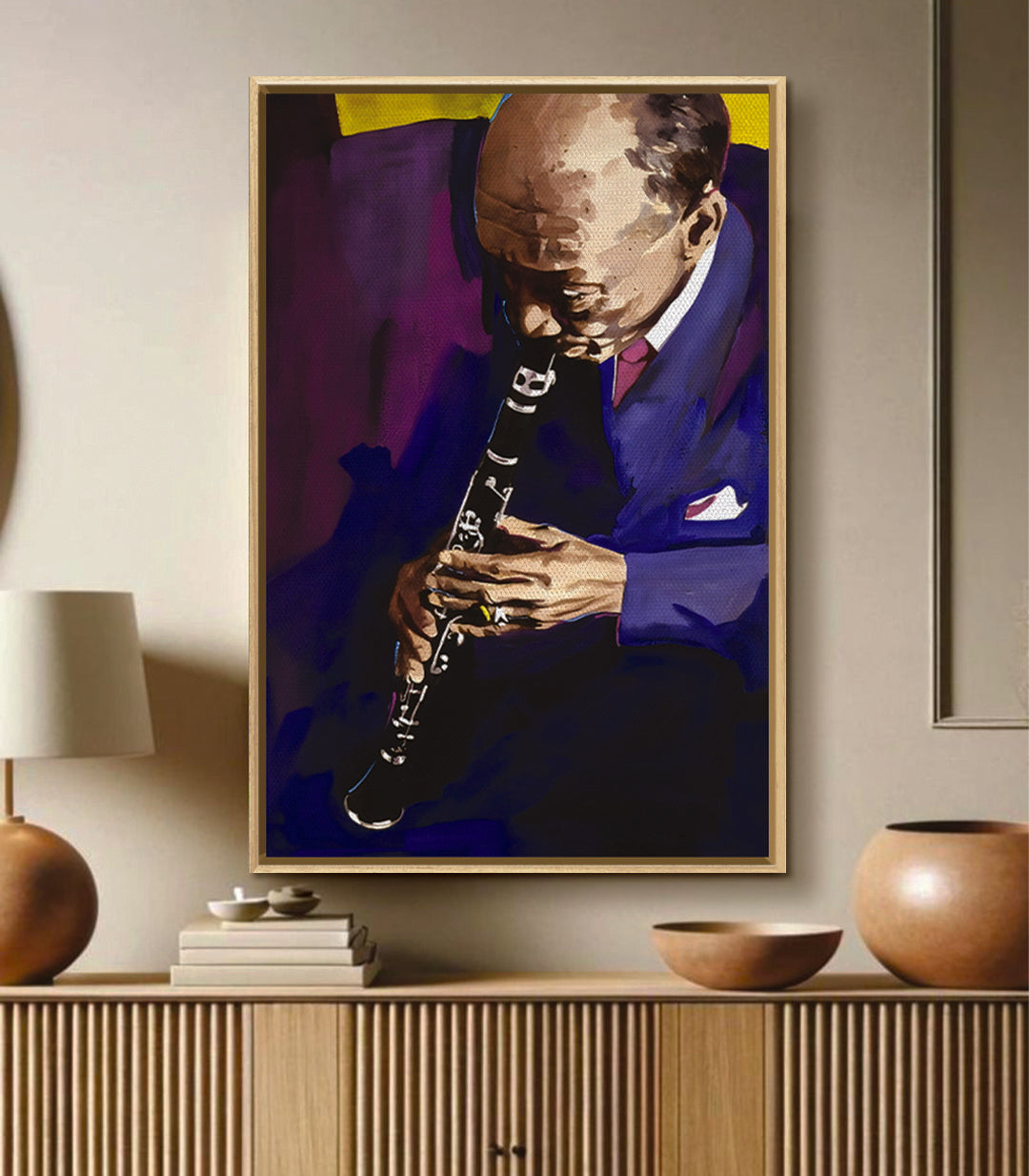 Cuadro músico saxofón pop-art colores vibrantes azul amarillo malva — Massinart