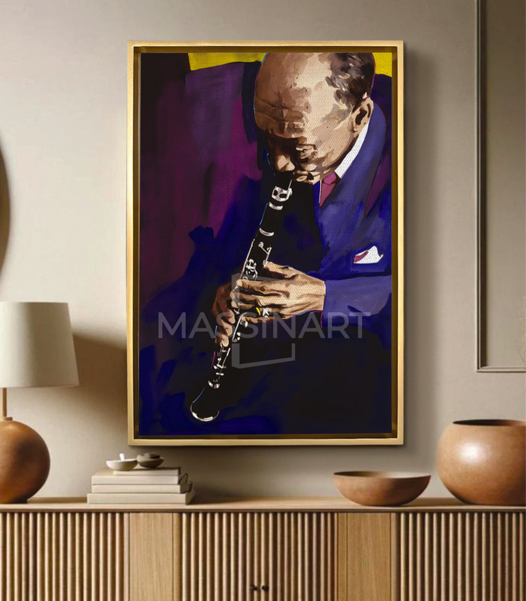 Velvet Jazz en salón moderno, decoración mural de música sobre sofá — Massinart