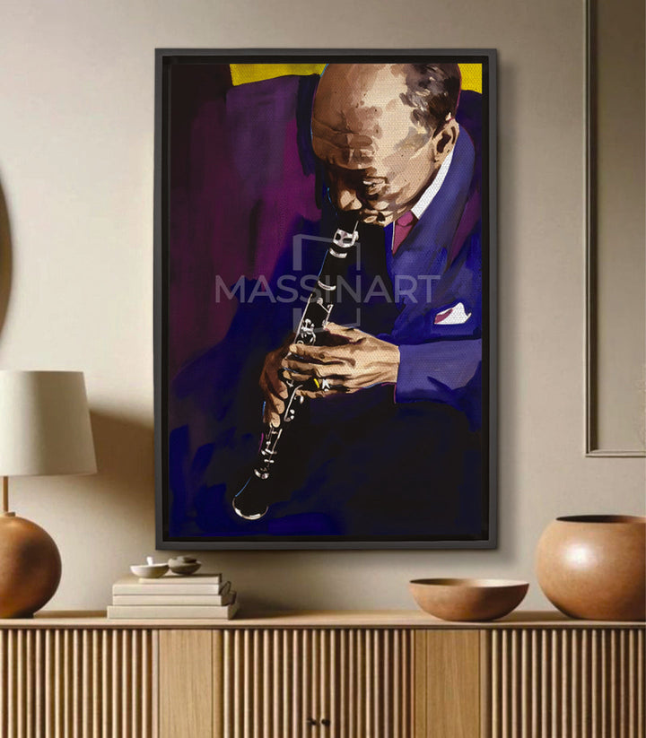 Cuadro retrato saxofonista jazz, traje azul, fondo malva y amarillo — Velvet Jazz Massinart