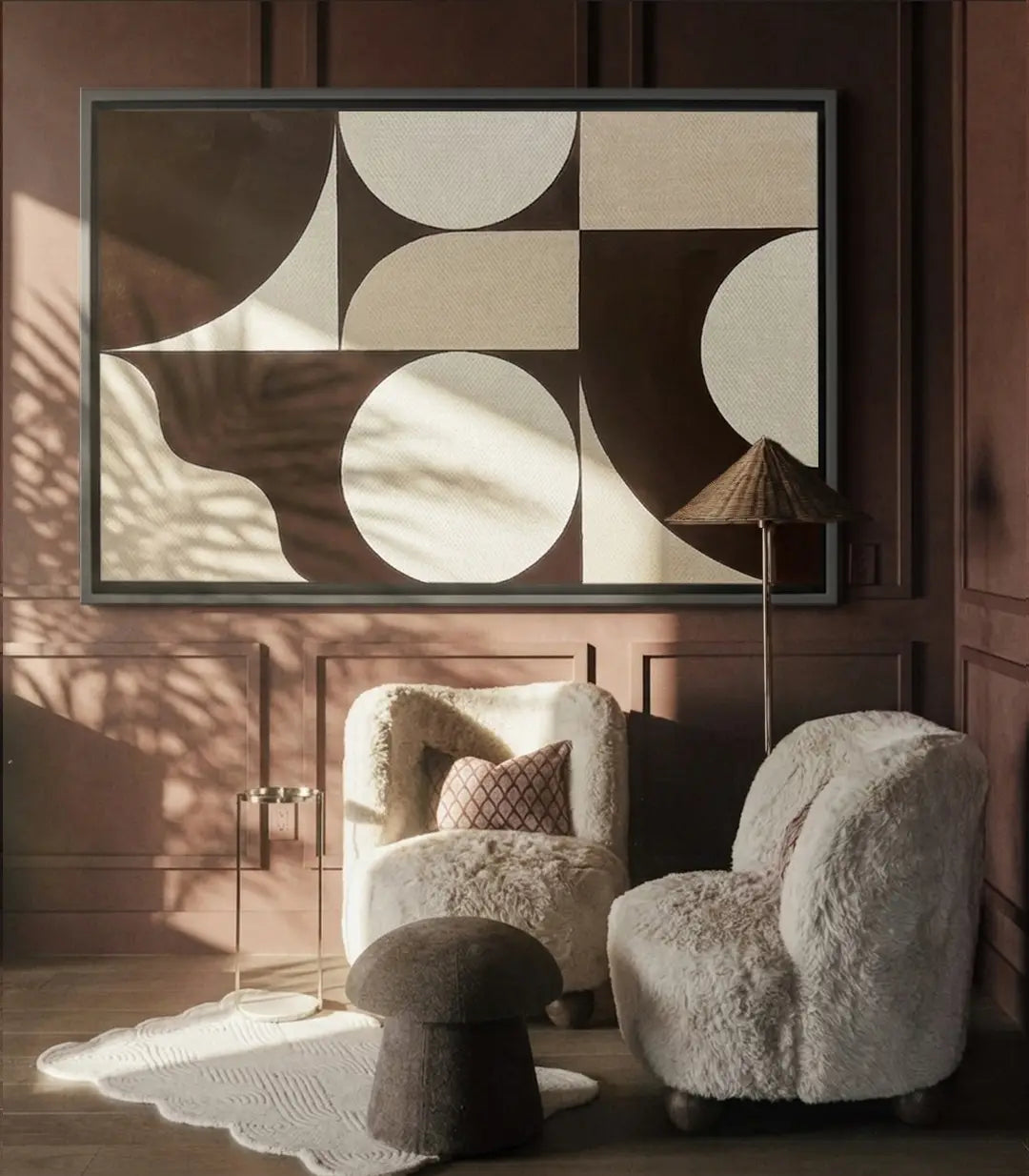 Cuadro Spheres Massinart — composición geométrica abstracta, círculos y formas en marrón, beige y blanco