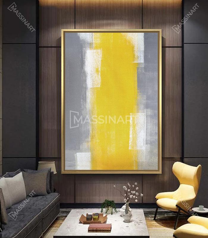 Cuadro abstracto amarillo y gris — composición geométrica minimalista vertical — Massinart