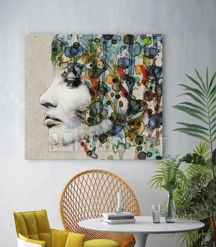 Cuadro retrato mujer acuarela perfil multicolor decoración pared Massinart