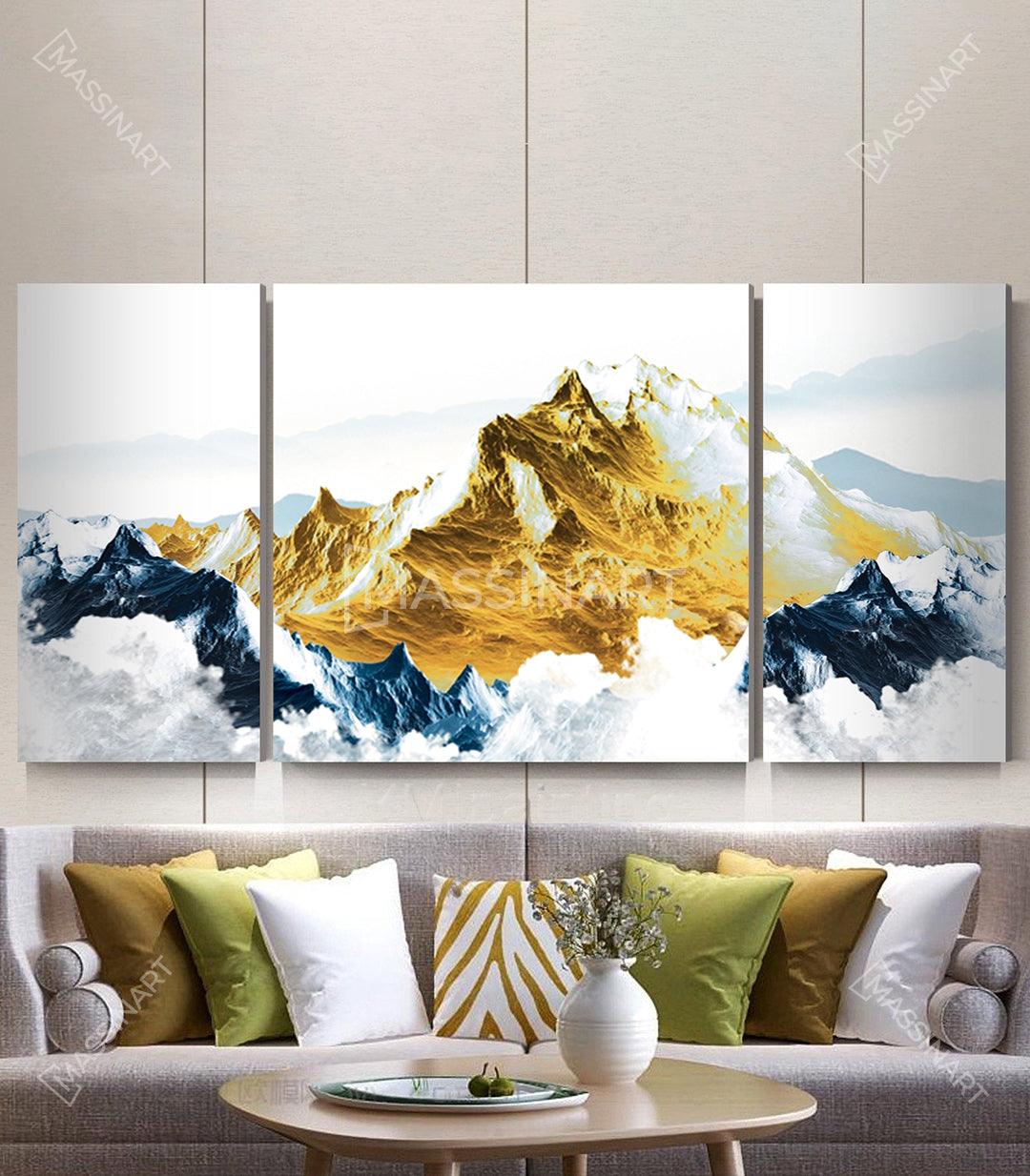Cuadro montaña abstracta tríptico Massinart — paisaje minimalista en blanco, azul y amarillo dorado