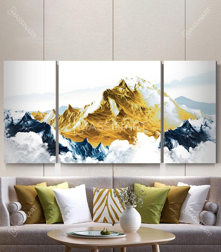 Cuadro montaña abstracta tríptico Massinart — paisaje minimalista en blanco, azul y amarillo dorado