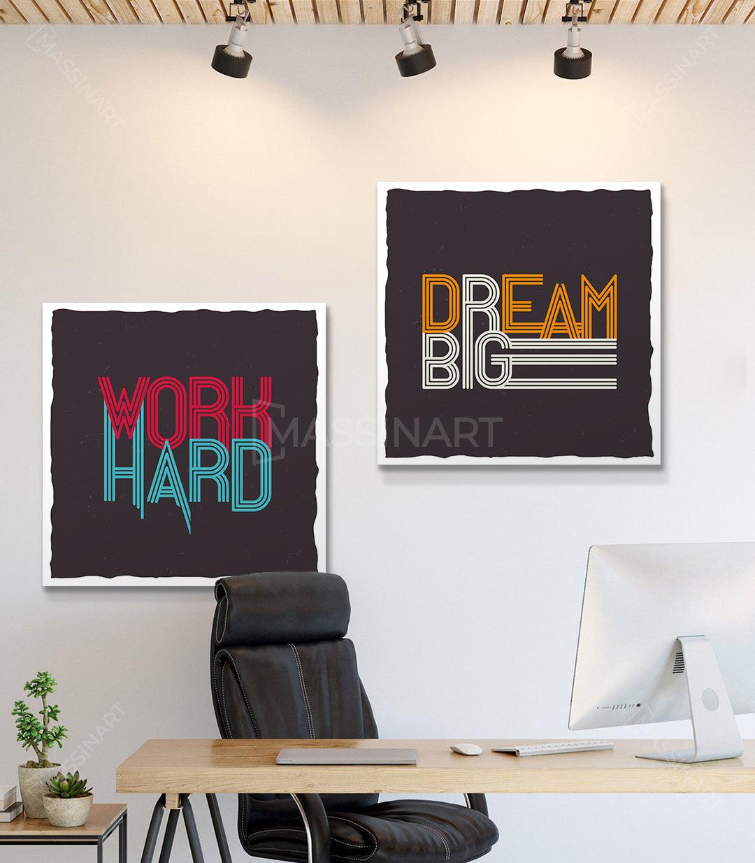 Cuadro Work Hard tipografía neón rosa y turquesa sobre fondo negro — Massinart