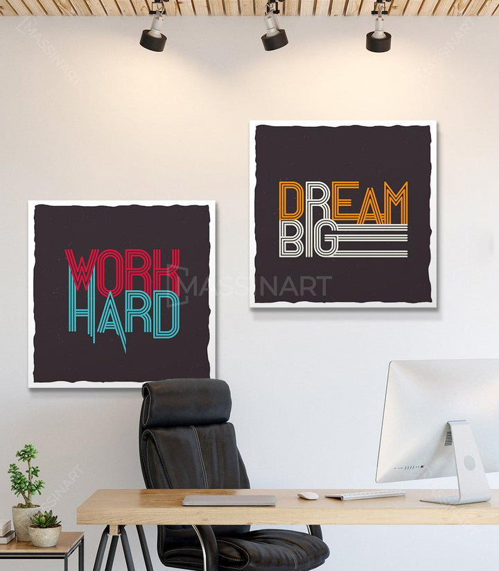 Cuadro Work Hard tipografía neón rosa y turquesa sobre fondo negro — Massinart