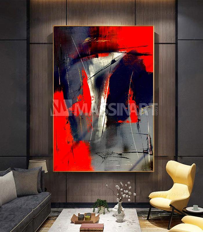 Cuadro abstracto expresionista rojo y gris vertical, arte mural contemporáneo — Massinart