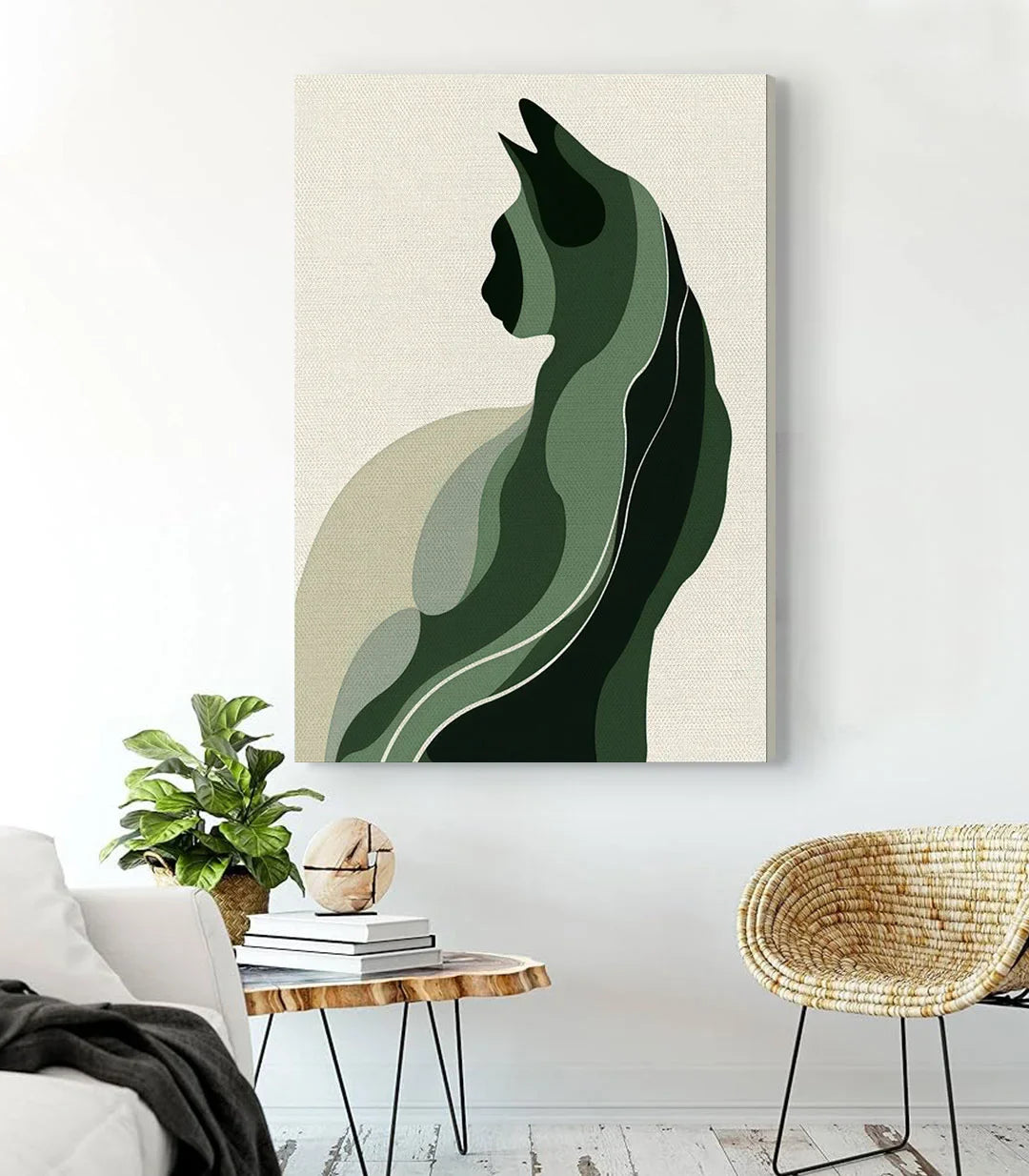 Detalle cuadro gato abstracto — perfil felino en tonos verde salvia