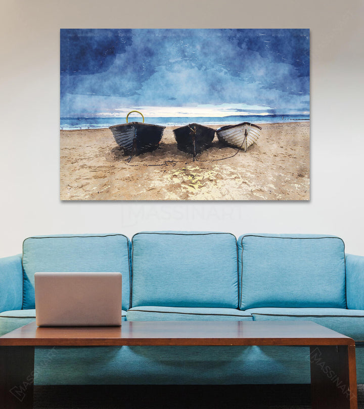 Cuadro de barcas de pesca modernas en tonos azul y beige, estilo minimalista costero — Massinart