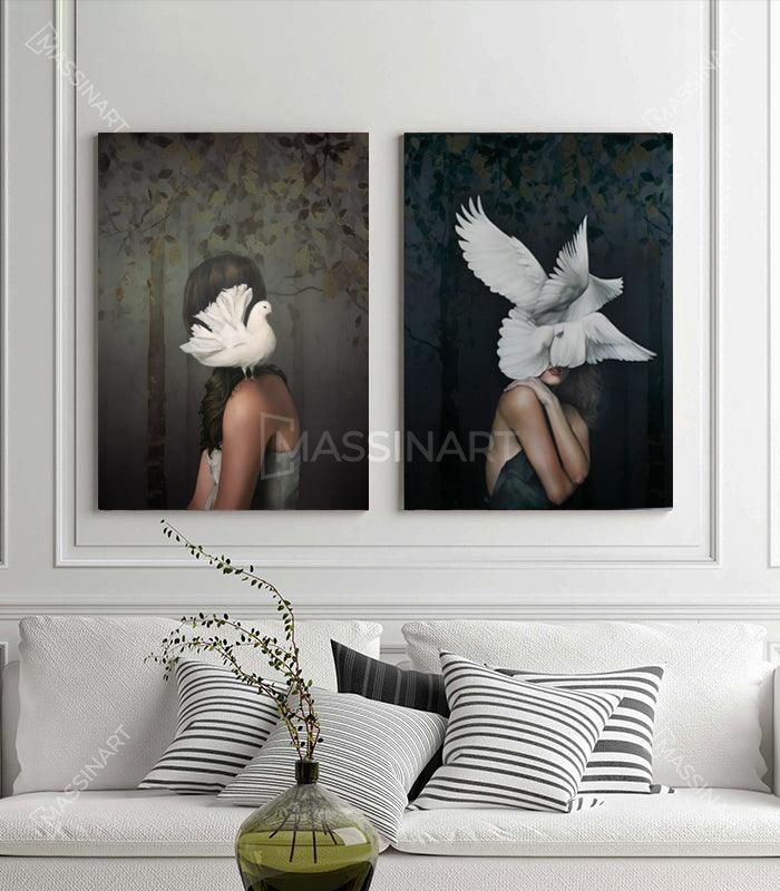 Cuadro mujer pájaro surrealista en blanco y negro, retrato foto-art Massinart