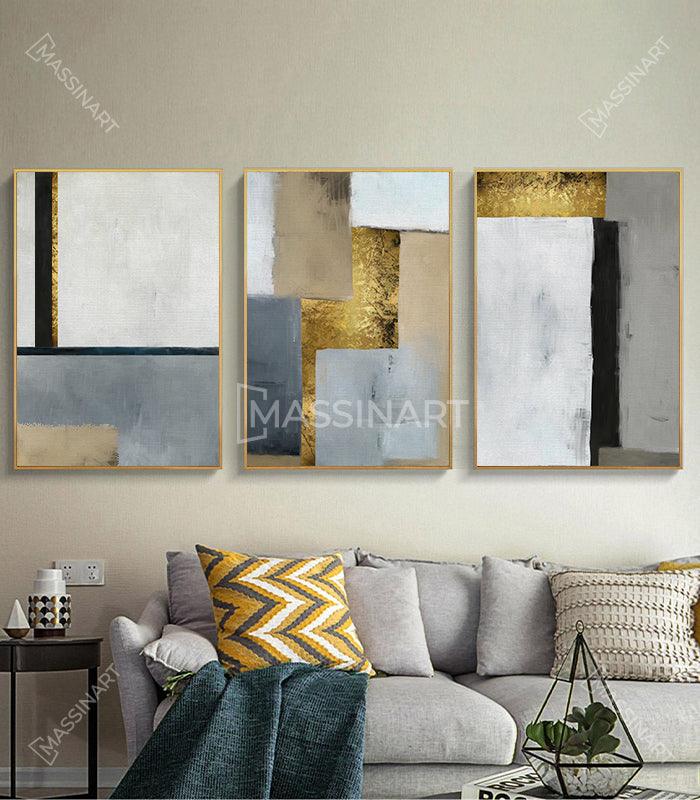 Cuadro composición abstracta geométrica en dorado, blanco y gris — Massinart