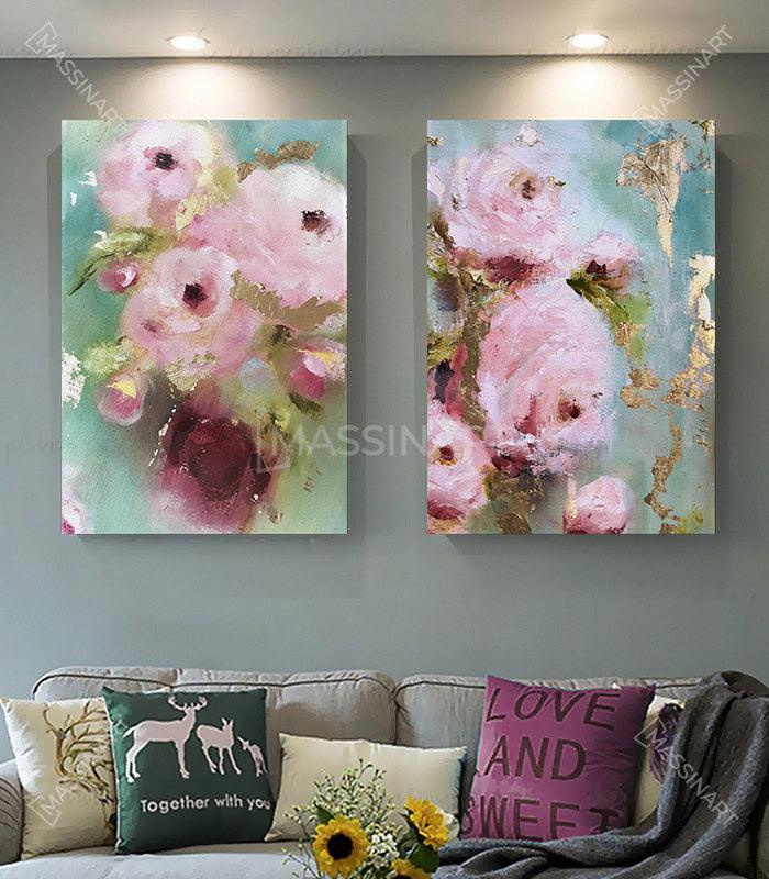 Cuadro díptico Roses and Gold Leaves con rosas rosas y hojas doradas, estilo impresionista abstracto — Massinart
