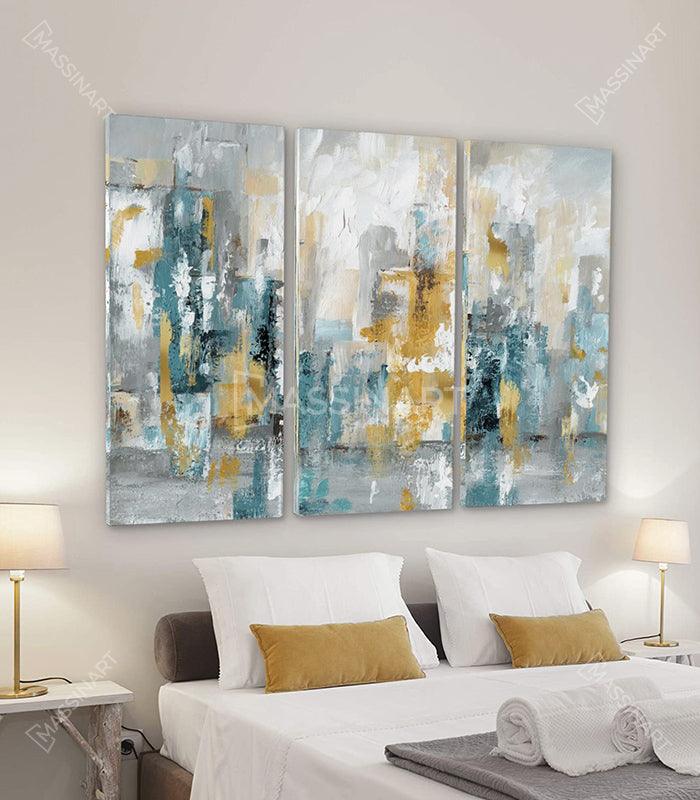Cuadro Acropolis tríptico abstracto — tres paneles en azul, dorado y blanco, decoración mural moderna Massinart