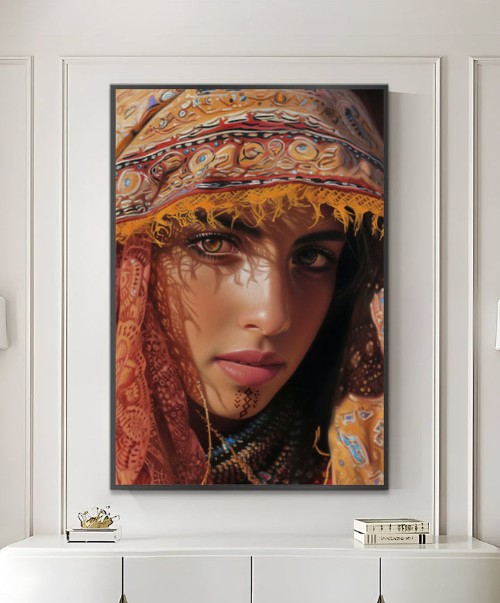 Ambientación decoración interior salón moderno con cuadro retrato femenino — Massinart