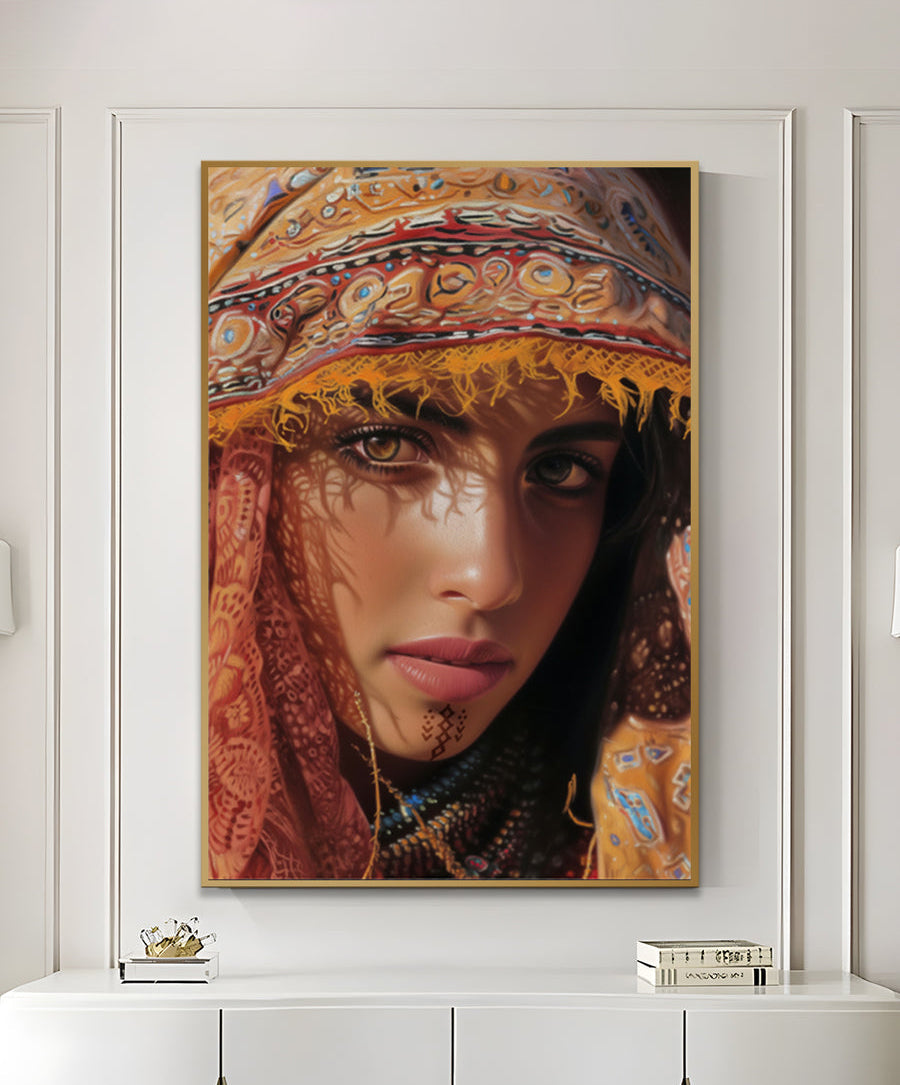 Cuadro retrato mujer amazigh con tocado tradicional y ornamentos dorados — Massinart