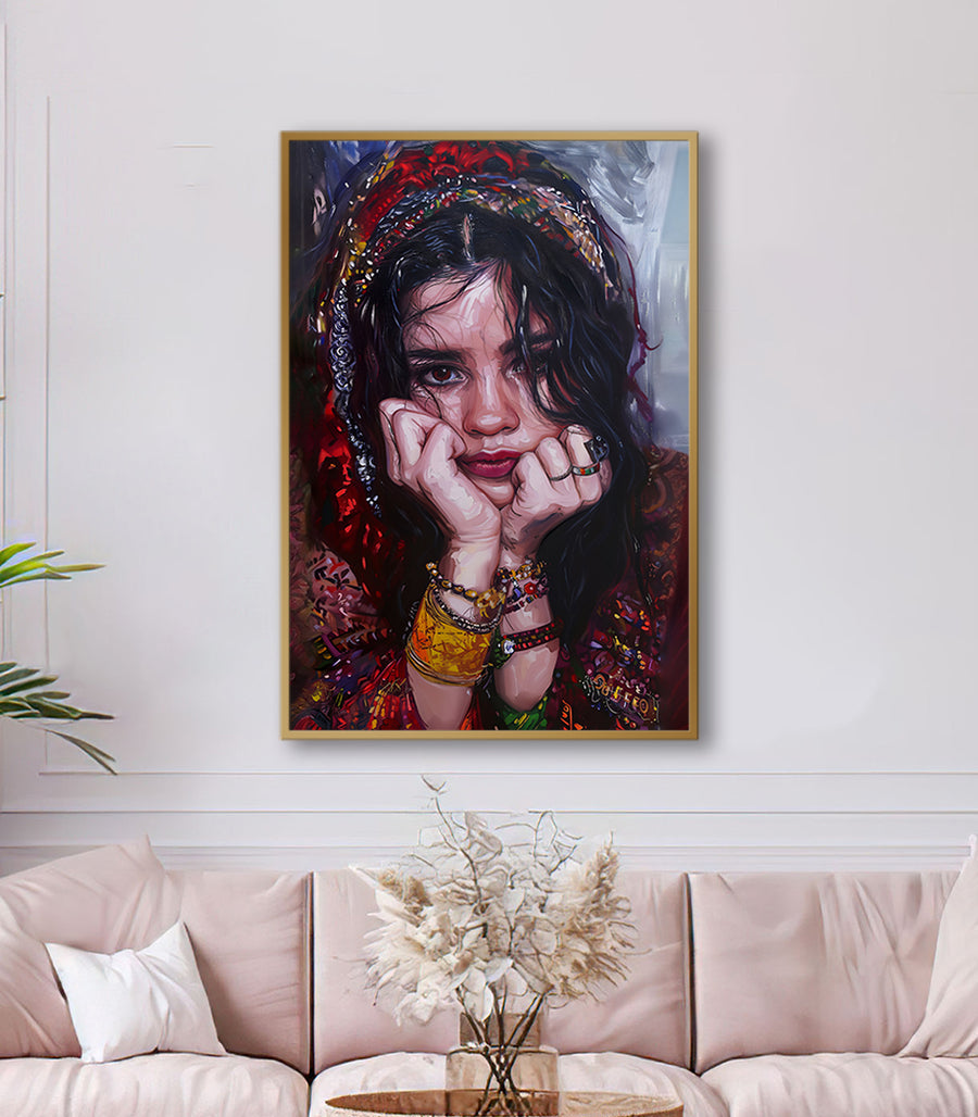 Cuadro retrato femenino Berber Girl, joven bereber con velo rojo y detalles dorados, estilo expresionista, Massinart