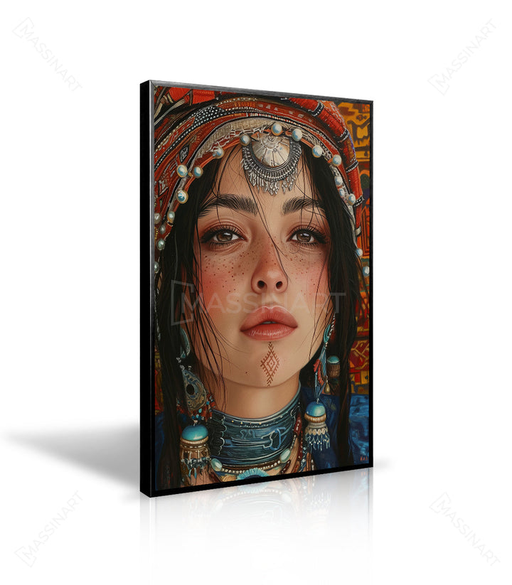 Cuadro retrato bereber Tamazight, paleta de tierras cálidas y toques dorados