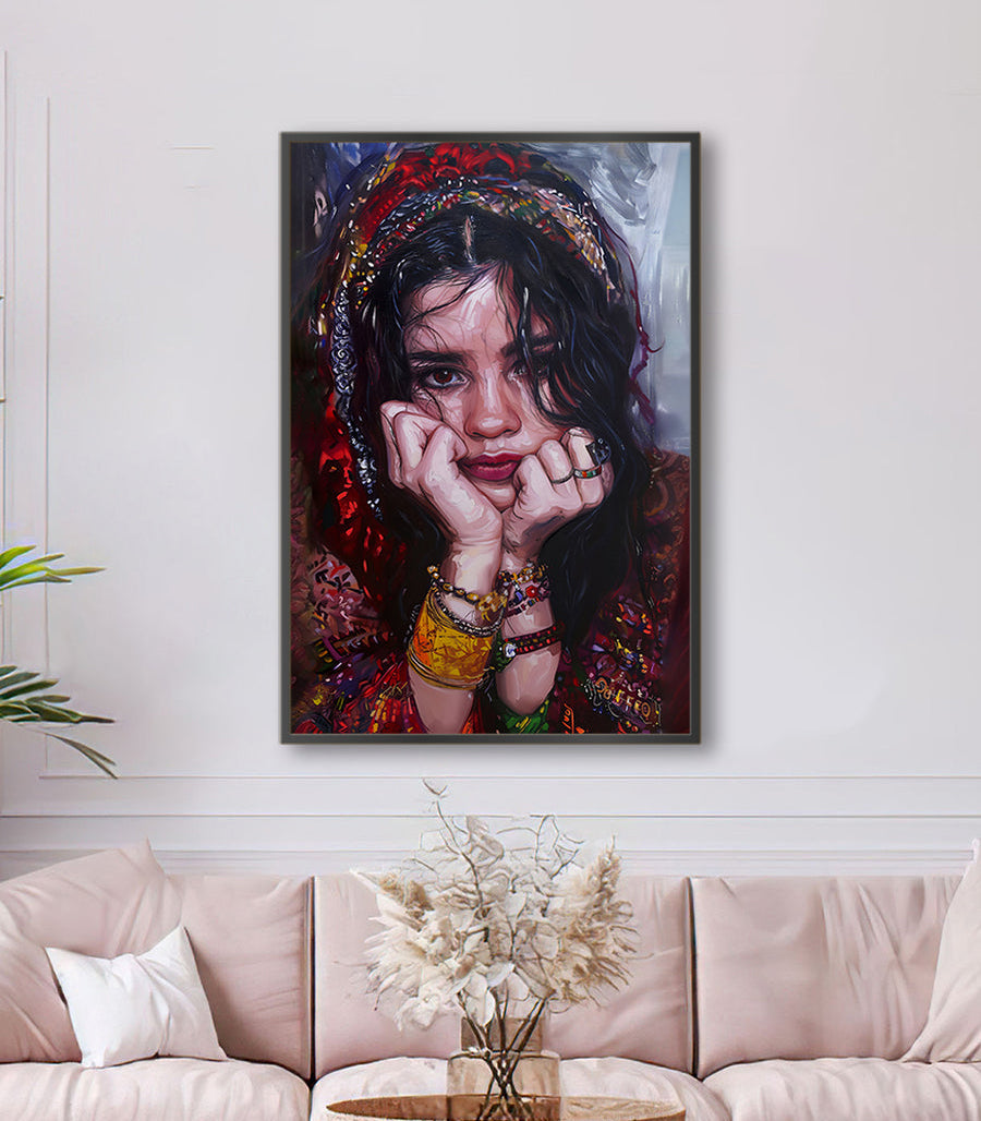 Cuadro Berber Girl en ambiente de salón moderno en rosa empolvado, decoración de pared Massinart