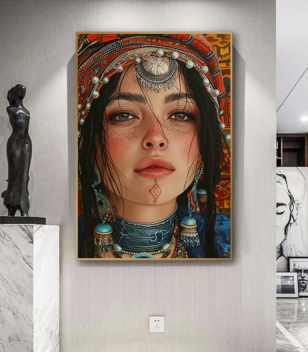 Cuadro retrato amazigh Tamazight, tonos terracota y ocre, arte bereber decoración pared