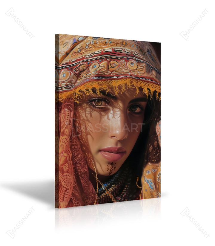 Primer plano retrato mujer amazigh, expresión y mirada, cuadro Azul — Massinart