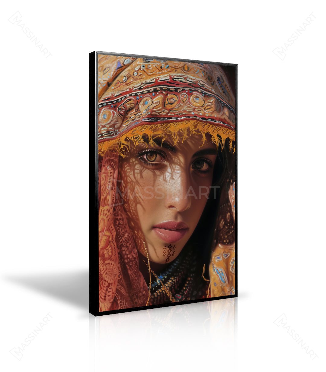 Decoración interior retrato femenino con tocado marroquí y paleta cálida — Massinart