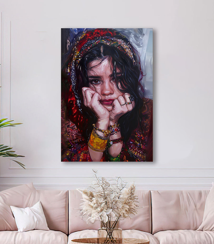Cuadro Berber Girl en ambiente de salón moderno en rosa empolvado, decoración de pared Massinart