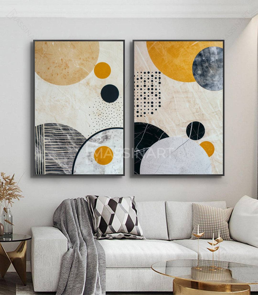 Cuadro Sphere díptico abstracto geométrico, círculos beige negro y dorado, estilo minimalista Massinart