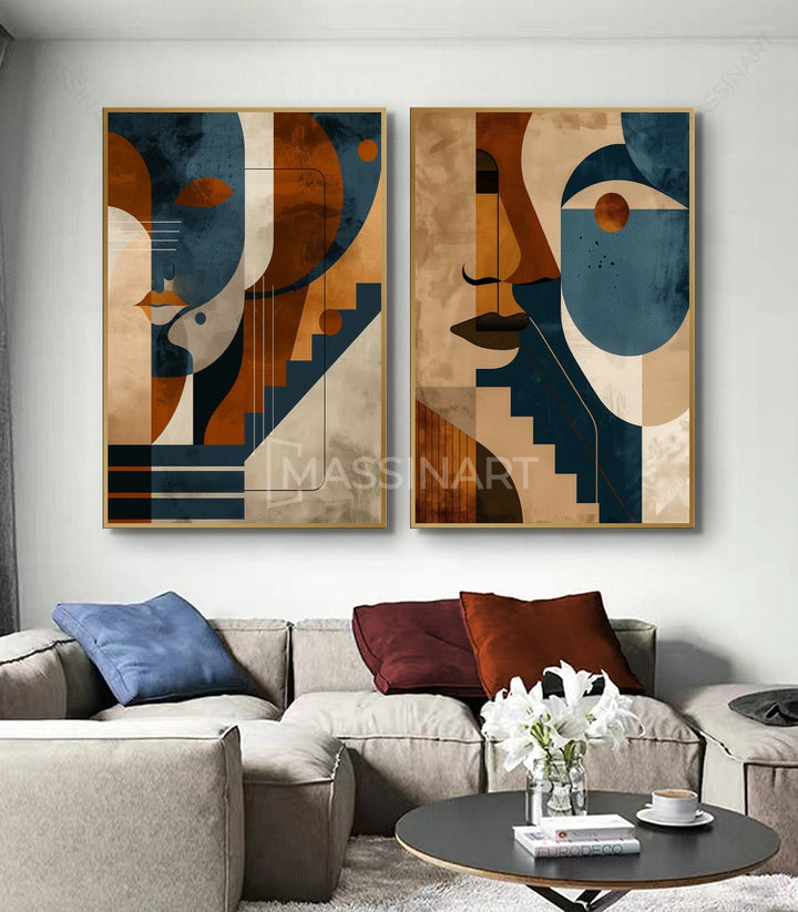 Díptico Parallels en salón moderno sobre sofá — decoración de pared contemporánea Massinart