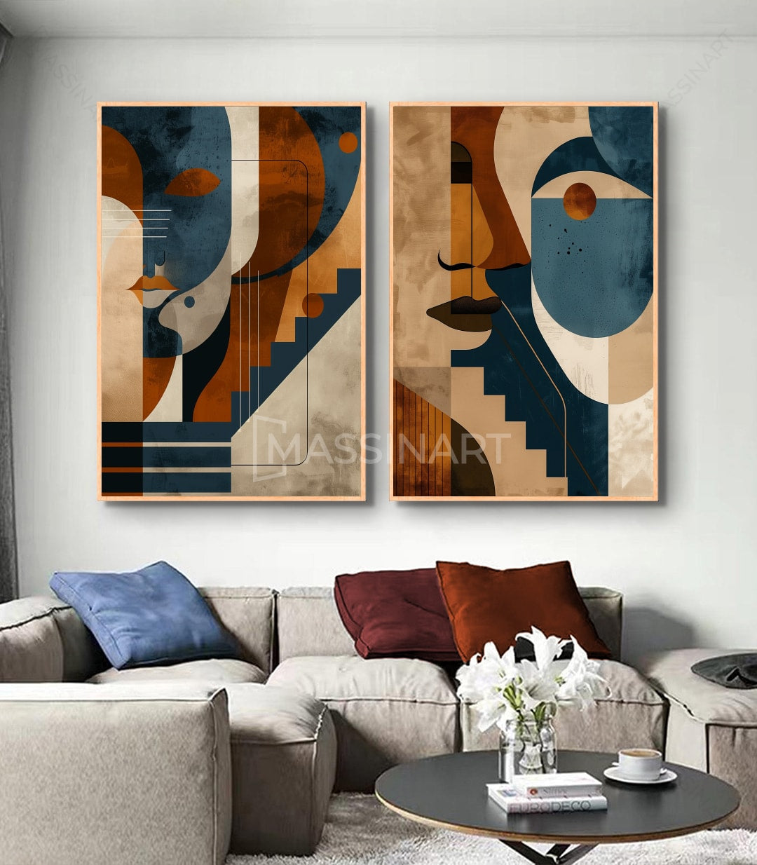 Cuadro Parallels panel izquierdo — rostros cubistas en azul y terracotta, arte abstracto Massinart