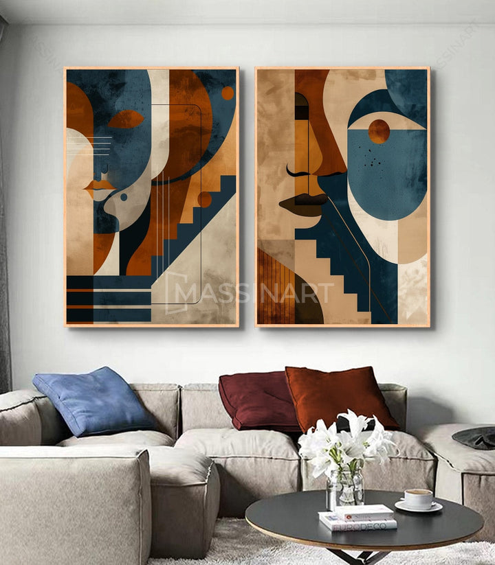Cuadro Parallels panel izquierdo — rostros cubistas en azul y terracotta, arte abstracto Massinart