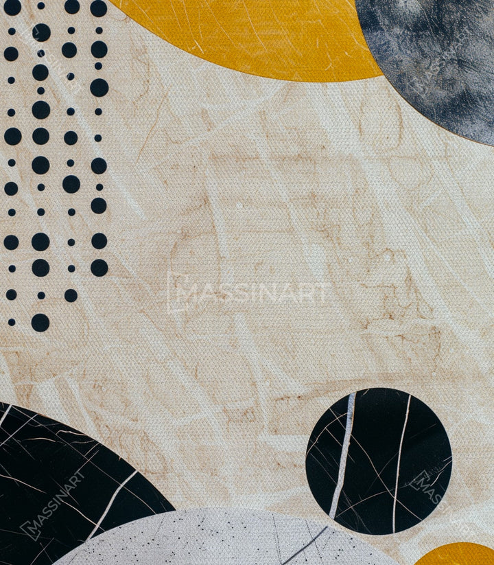 Detalle cuadro Sphere, textura mármol y esferas negras, arte geométrico Massinart