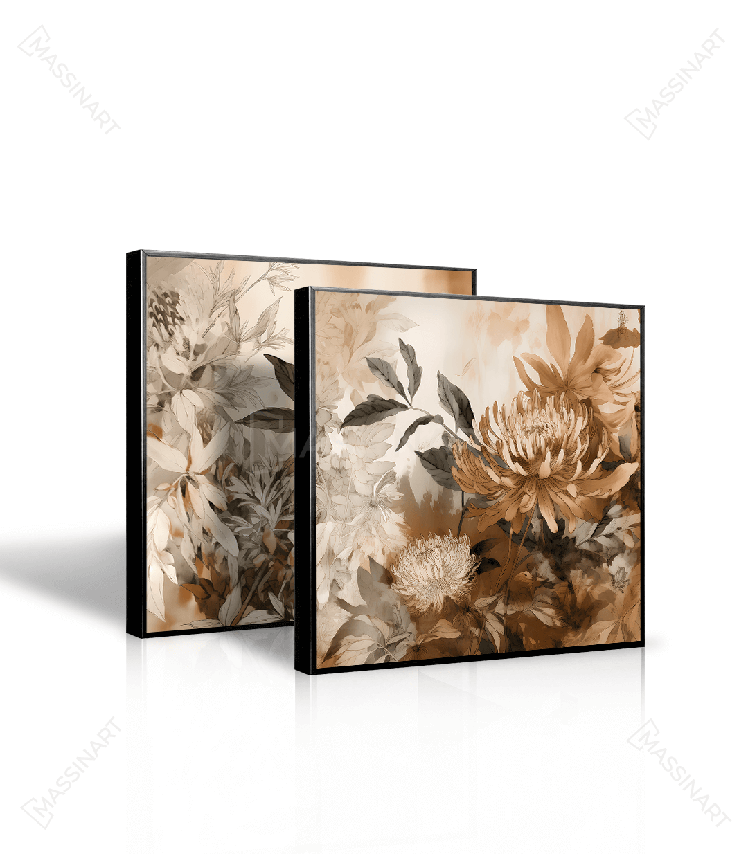 Cuadro Flourish con dimensiones — composición floral horizontal con marco de madera natural, Massinart