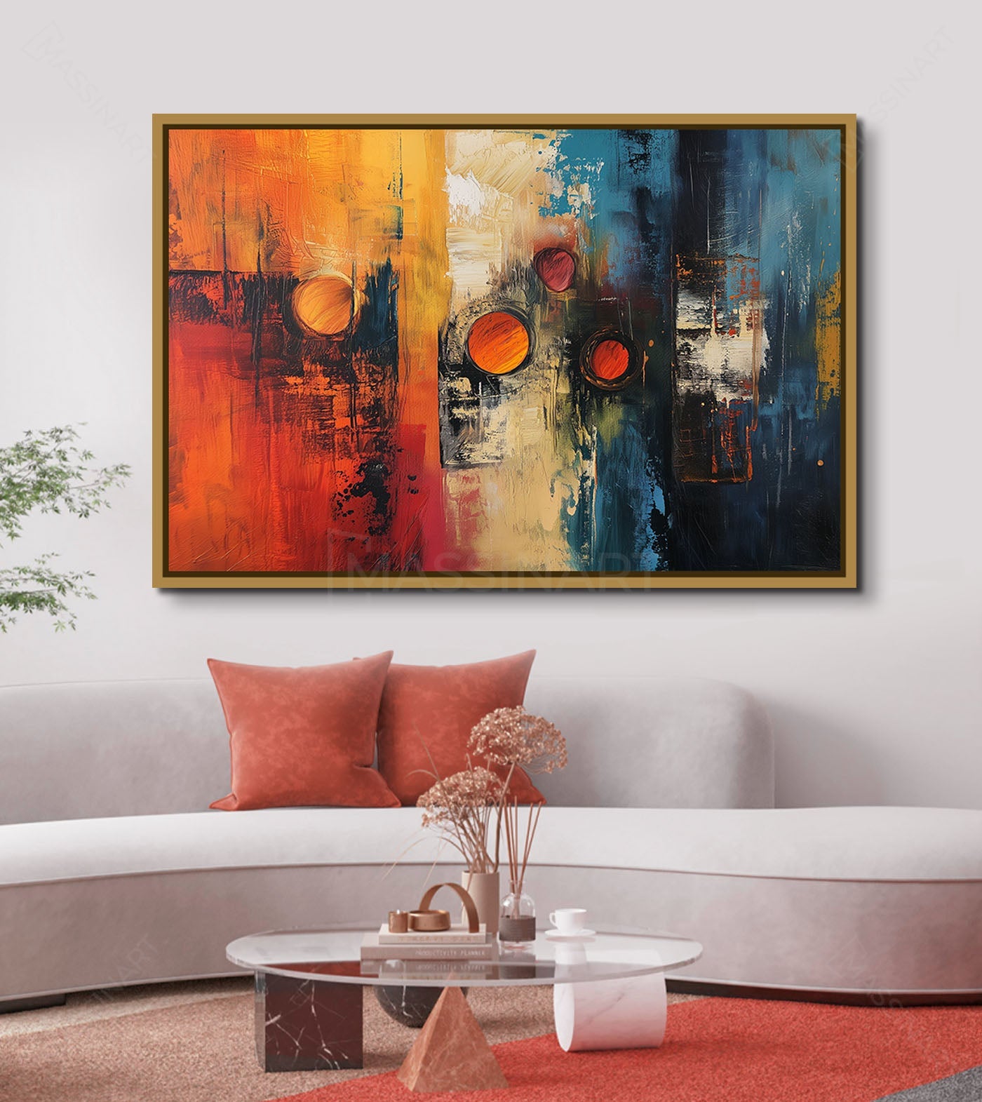 Cuadro Gravity arte abstracto — círculos en tonos naranja y rojo sobre fondo azul degradado, estilo expresionista, Massinart
