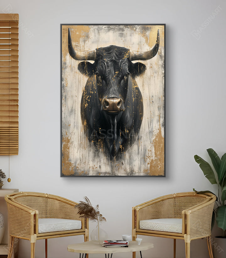 Cuadro Fuerza — toro negro con cuernos largos sobre fondo blanco roto y dorado, estilo contemporáneo — Massinart