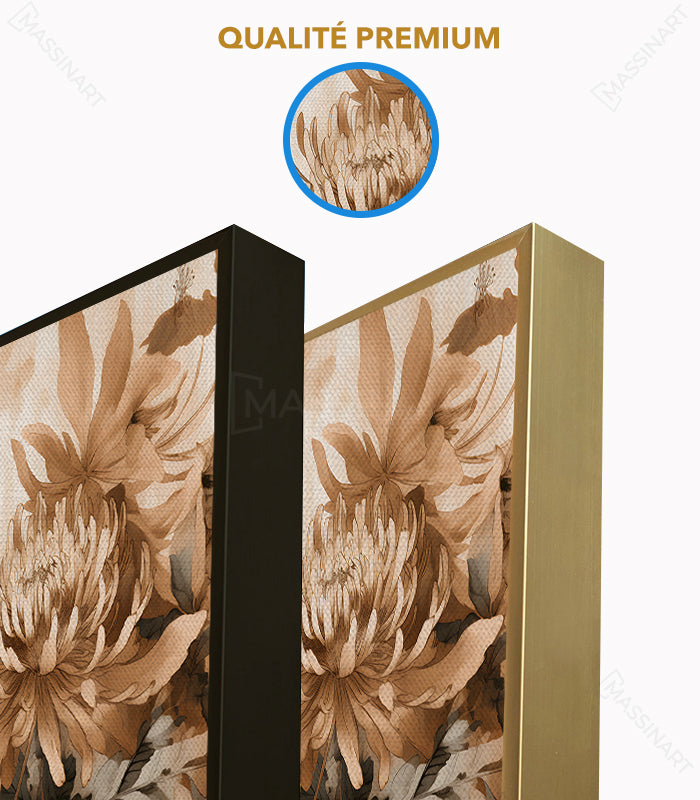 Ambientación Flourish — cuadros de flores contemporáneos en beige decorando la pared del dormitorio, Massinart