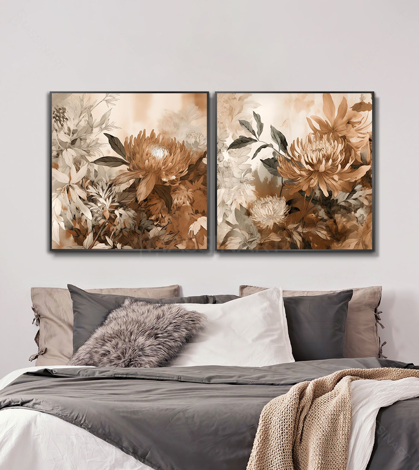 Ambientación Flourish — decoración dormitorio moderno con cuadro floral botánico beige, arte mural Massinart