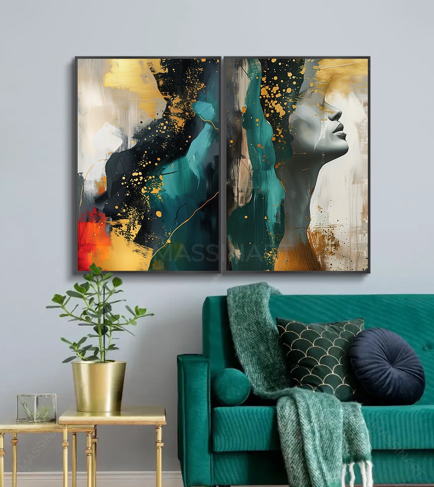 Cuadro Ego díptico decoración salón moderno en tonos dorados y turquesa — Massinart