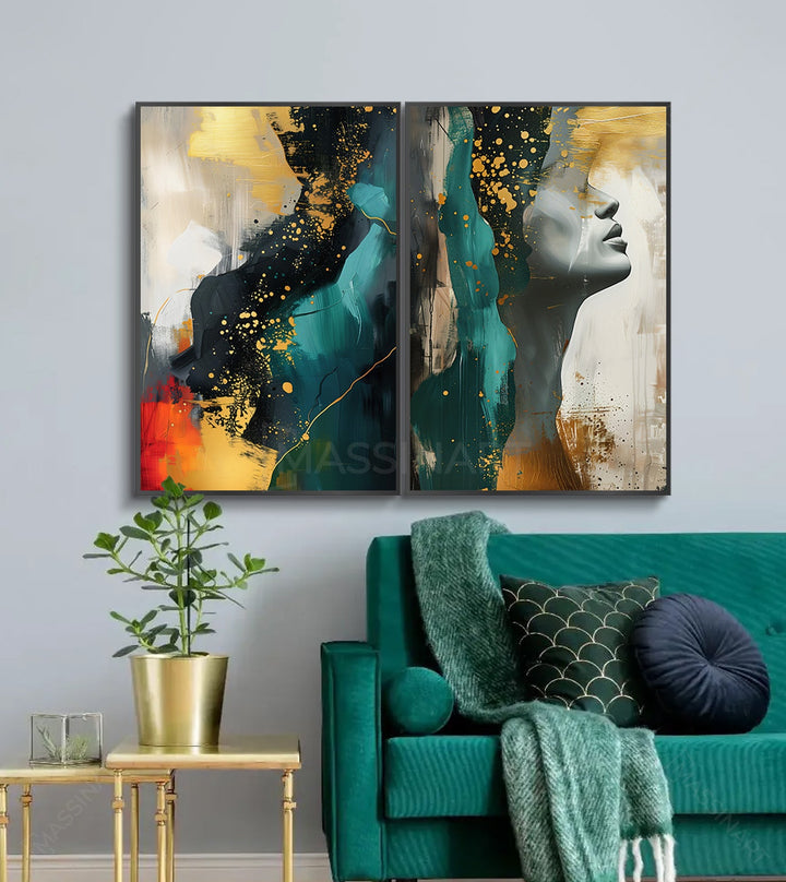 Cuadro Ego díptico decoración salón moderno en tonos dorados y turquesa — Massinart