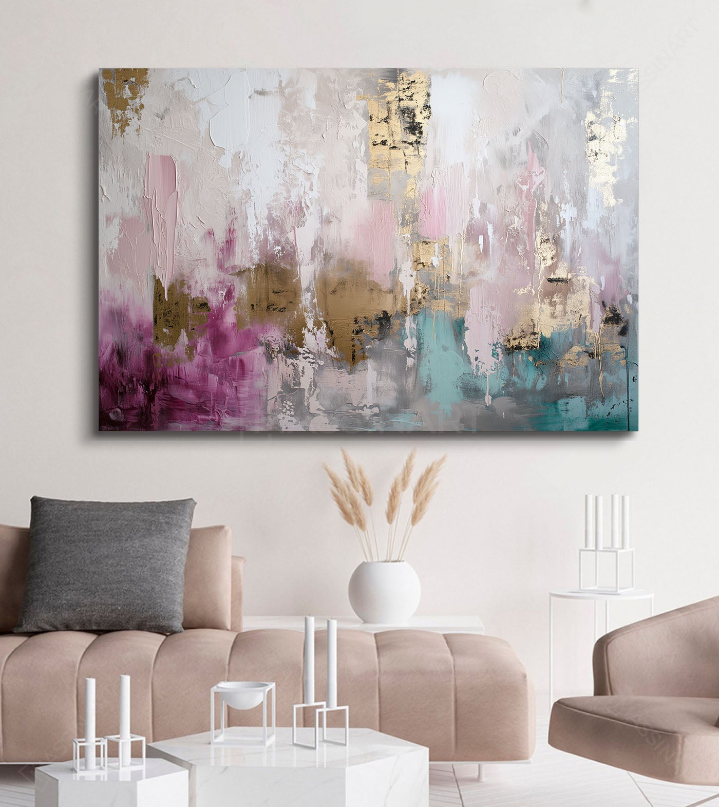 Decoración interior contemporánea con cuadro abstracto en rosa empolvado y turquesa, Massinart